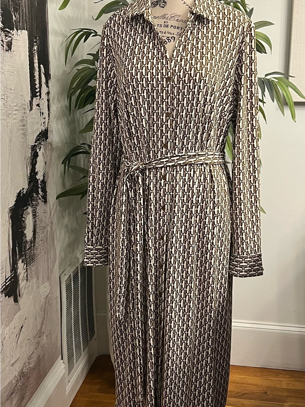 Worthington Brown and Cream Geometric Long-Sleeve Shirt Dress